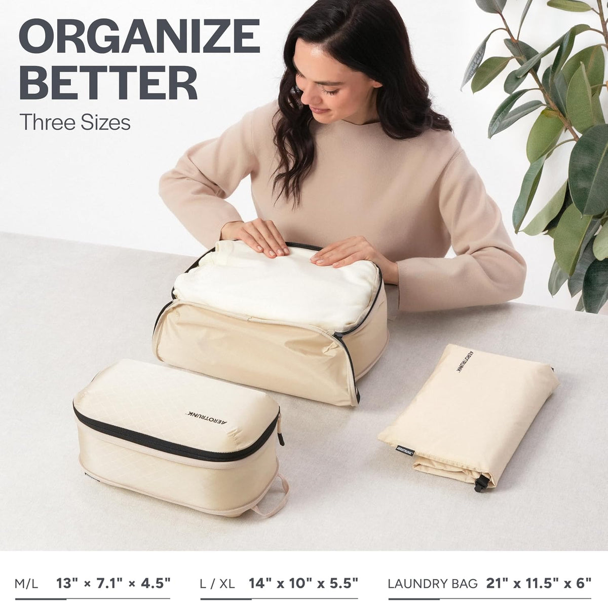 Aerotrunk Ultralight Compression Packing Cubes for Travel, 3-Pack, Beige