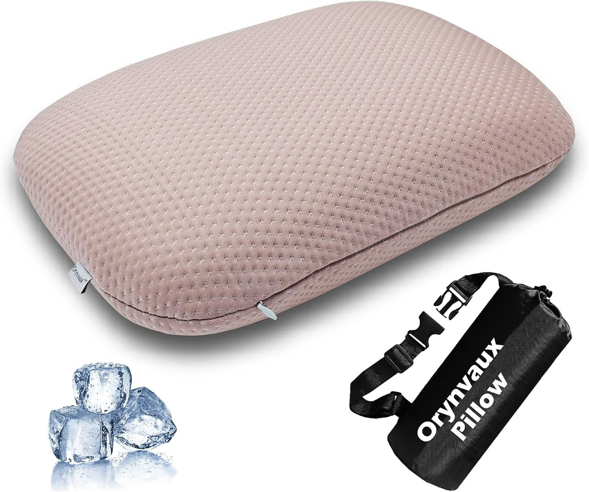 Cooling Travel Pillow, Small Memory Foam Camping Pillow with Adjustable Buckle Strap & Storage Bag, Compact Small Pillow for Airplane, Car Lumbar, Office, Washable Cooling Cover, Sakura Pink