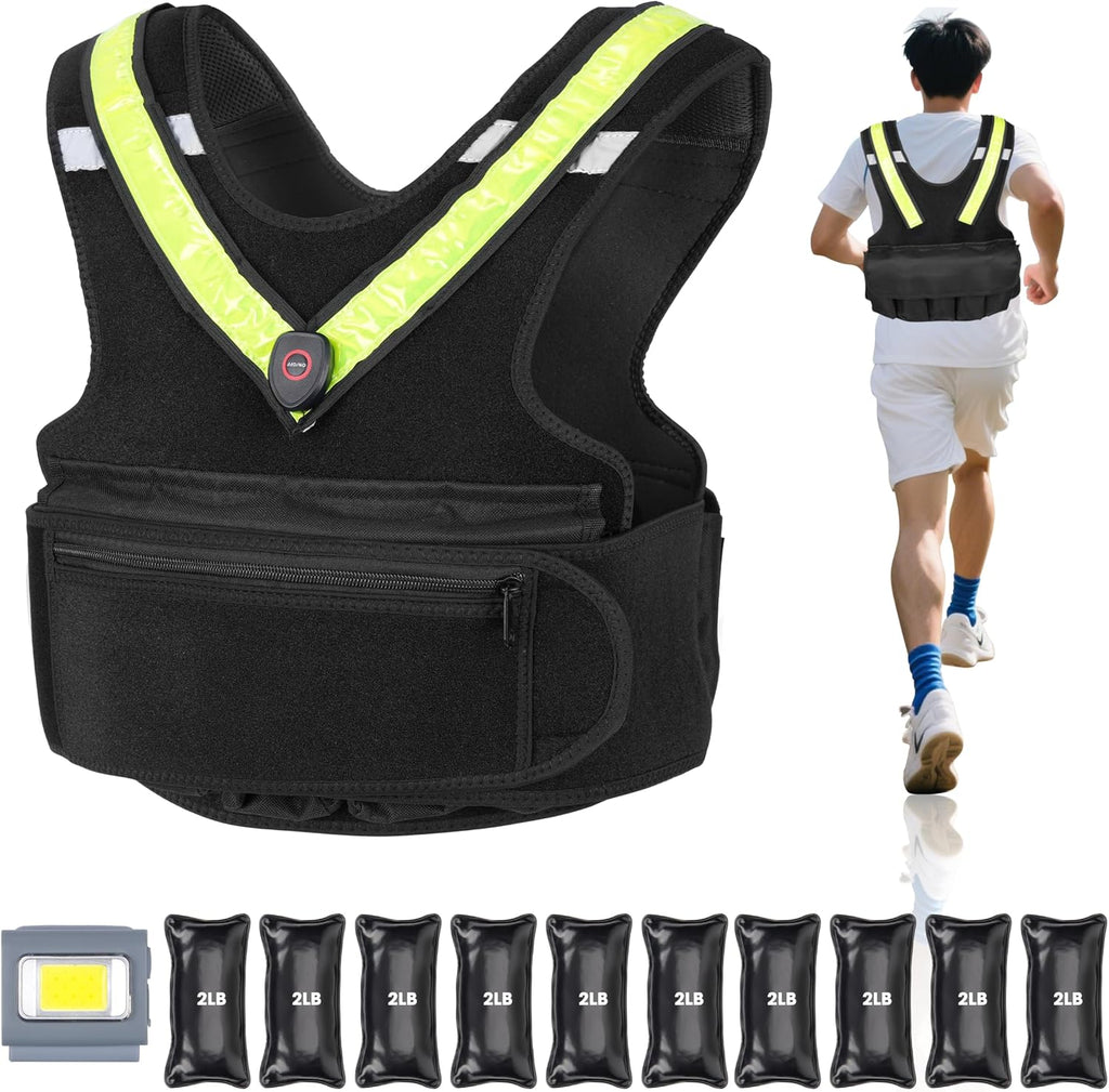 Weighted Vest for Women Men, Sport Running Weighted Vest with Reflective Strips and LED Flashing Sash, 10lbs/20lbs Weight Vest for Strength Training and Workout