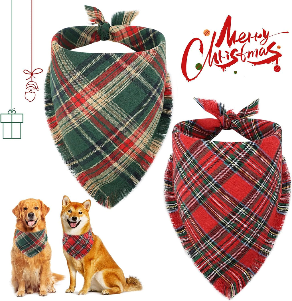 Vivifying Dog Christmas Bandana with Tassels Edges, 2 Pack Classic Plaid Triangle Pet Apparel & Accessories, Funny Holiday Dog Scarf Costume for Photo Prop, and Party Decor (X-Large, Red&Green)