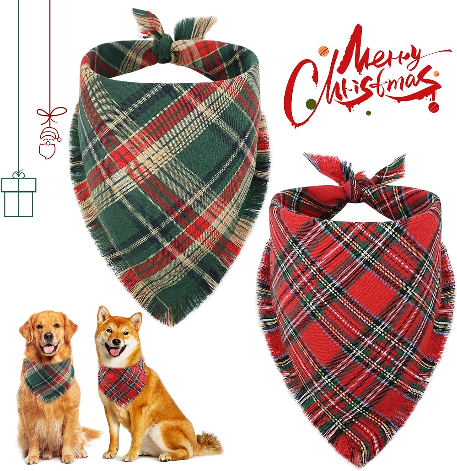 Vivifying Dog Christmas Bandana with Tassels Edges, 2 Pack Classic Plaid Triangle Pet Apparel & Accessories, Funny Holiday Dog Scarf Costume for Photo Prop, and Party Decor (X-Large, Red&Green)