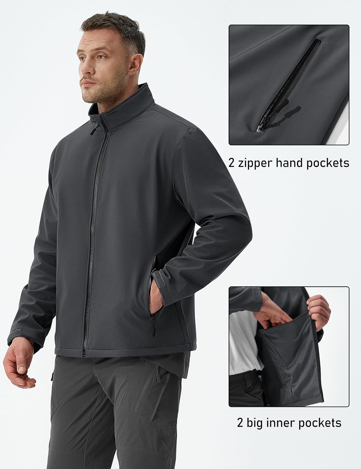 MAGCOMSEN Men's Fleece Lined Softshell Jacket Lightweight Waterproof Windbreaker Zip Up Winter Rain Coat Tactical Hiking