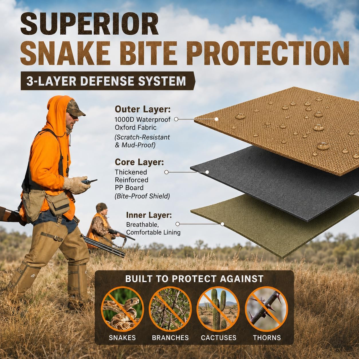 Snake Gaiters for Men&Women Waterproof Snake Guard Leg Protection with PP Board Inserts 1000D Oxford Fabric Hunting Gaiters with Secure Underfoot Straps for Hiking Fishing Farming Brush Clearing