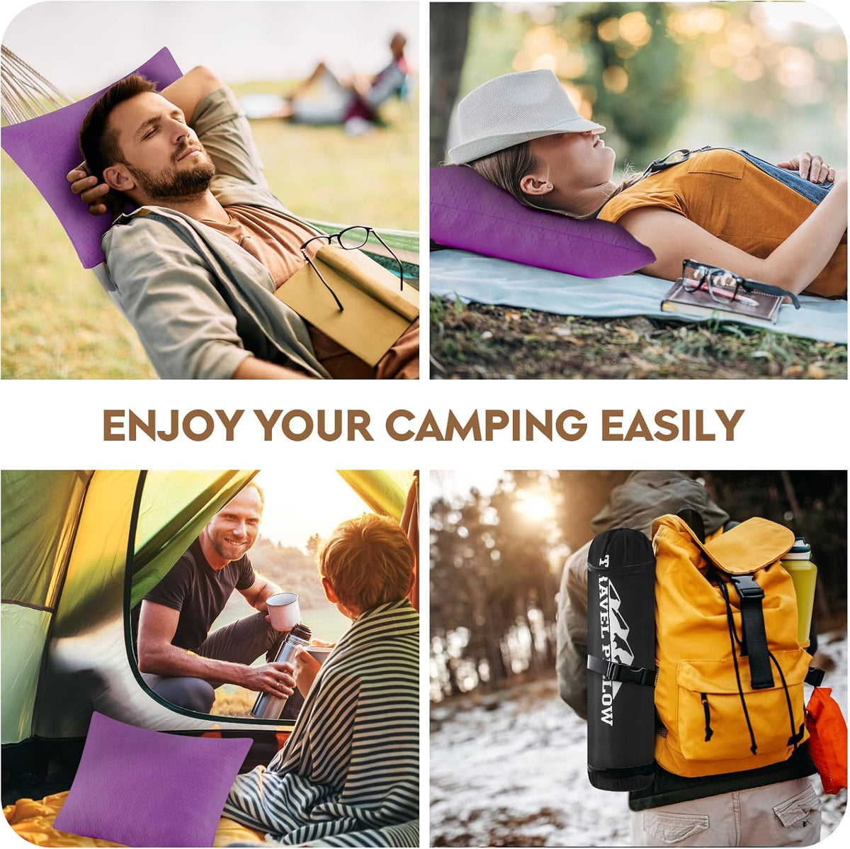 Small Shredded Memory Foam Pillow, Camping Pillow Travel Pillow - Compressible Medium Firm, Breathable Cover, Ideal Backpacking Hiking, Airplane and Car (Purple, S)