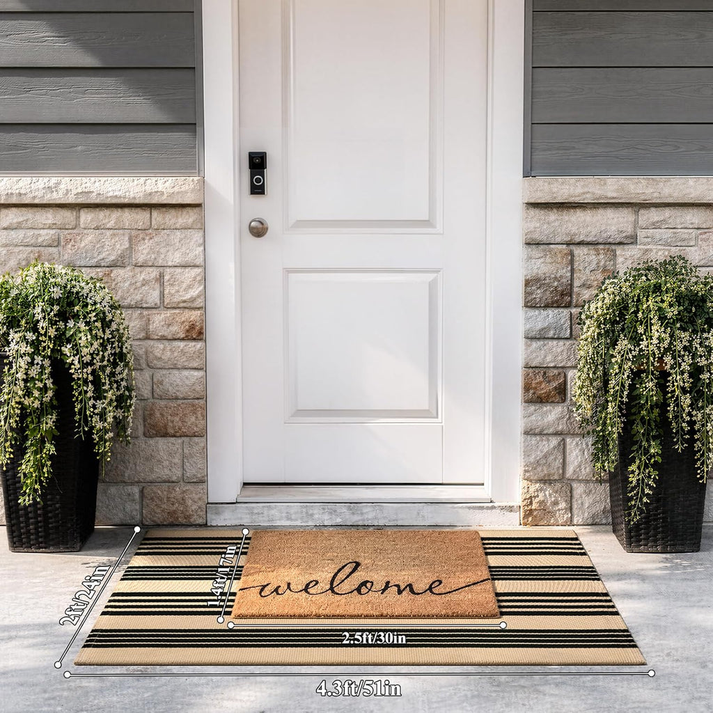 Striped Outdoor Fall Front Door Mat 24"x51", Cotton Washable Rug