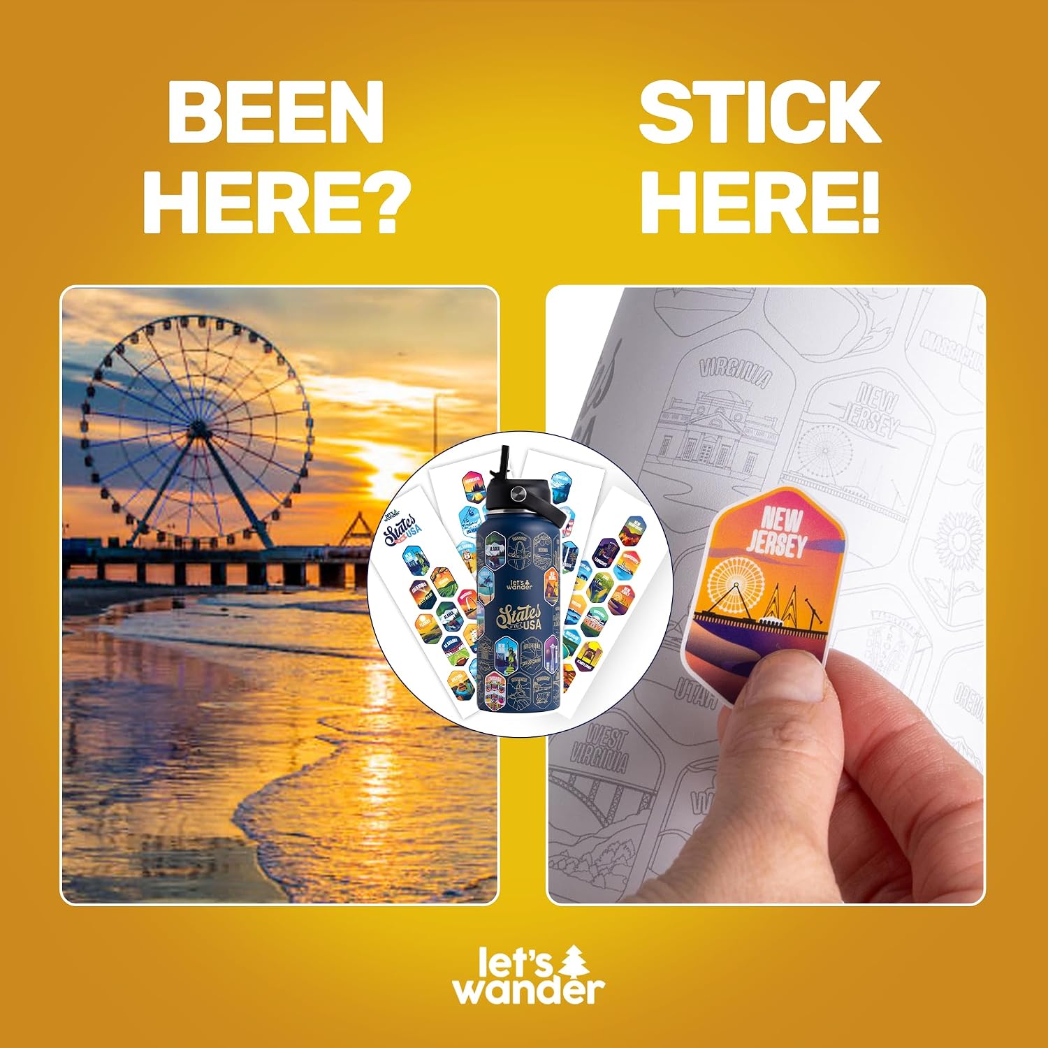 LET'S WANDER Lets Wander 50 States Water Bottle with Waterproof Stickers - 32oz Leakproof Insulated Stainless Steel with Straw - States of the USA Gift Bottle (Blue)