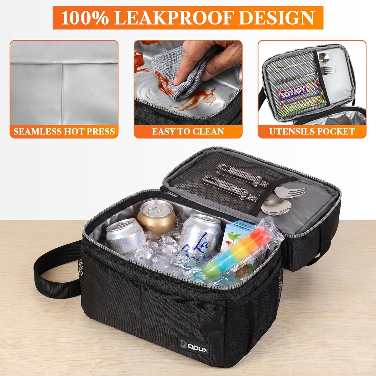 opux Insulated Lunch Bag for Men Women, Double Decker Leakproof, Black