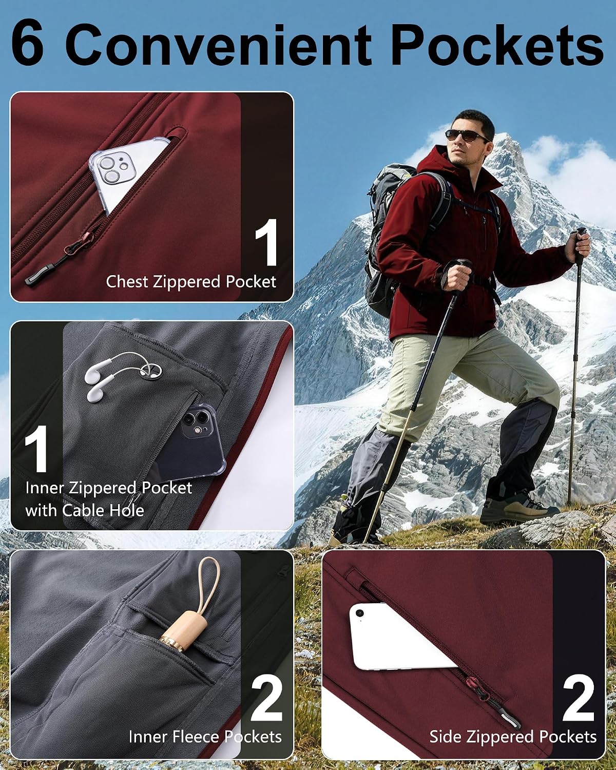 Outdoor Ventures Men's Softshell Jacket Waterproof Fleece Rain Shell Coat