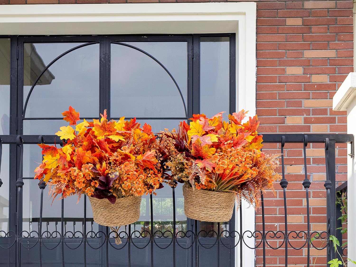 24PCS Artificial Fall Flowers Outdoors, Faux Maples & Mums for Outside