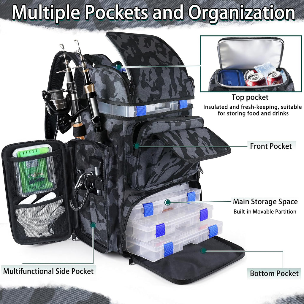 Fishing Tackle Backpack With Rod Holders,45L Large Tackle Bag & Fishing Tackle Backpack for Fishing,Camping, Hiking,Camouflage Gray