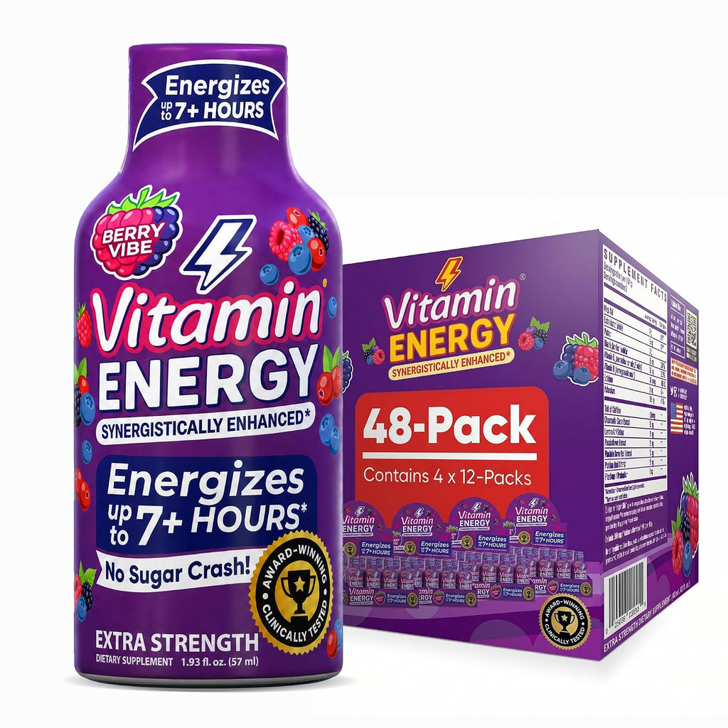 Vitamin Energy Berry Vibe Extra Strength Energy Shot, 36 Pack - Up to 7 Hrs, 260mg Natural Caffeine, Zero Sugar - BCAAs + CoQ10, Focus Support, B12 B6 Niacin, 1.93 fl oz, Keto Vegan