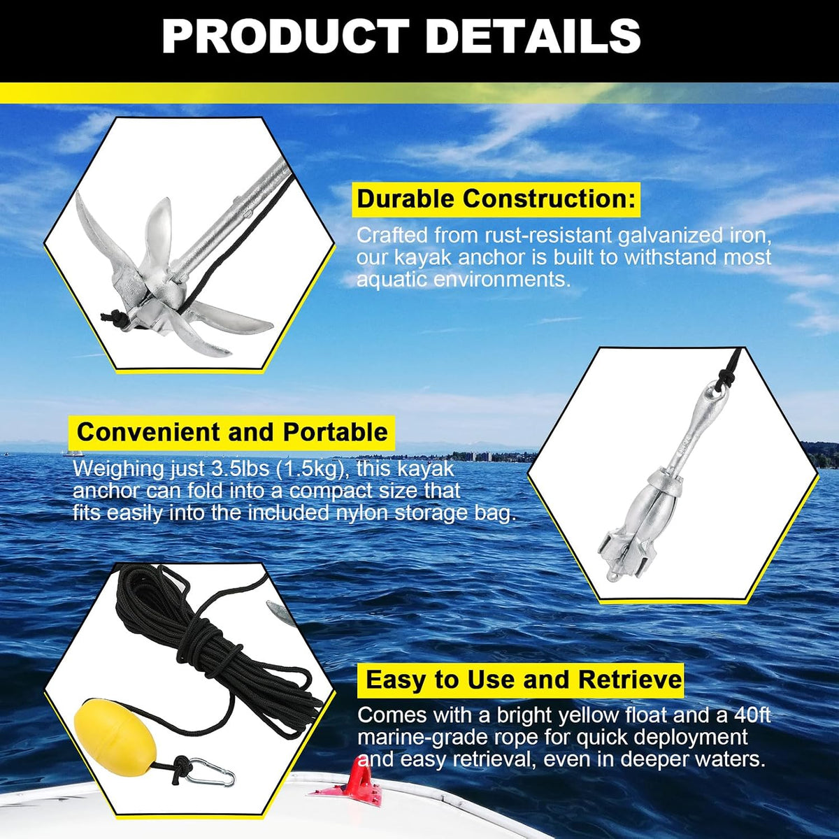 Kayak Anchor Kit, 3.5lbs Folding Kayak Anchor Kit with 40ft Rope