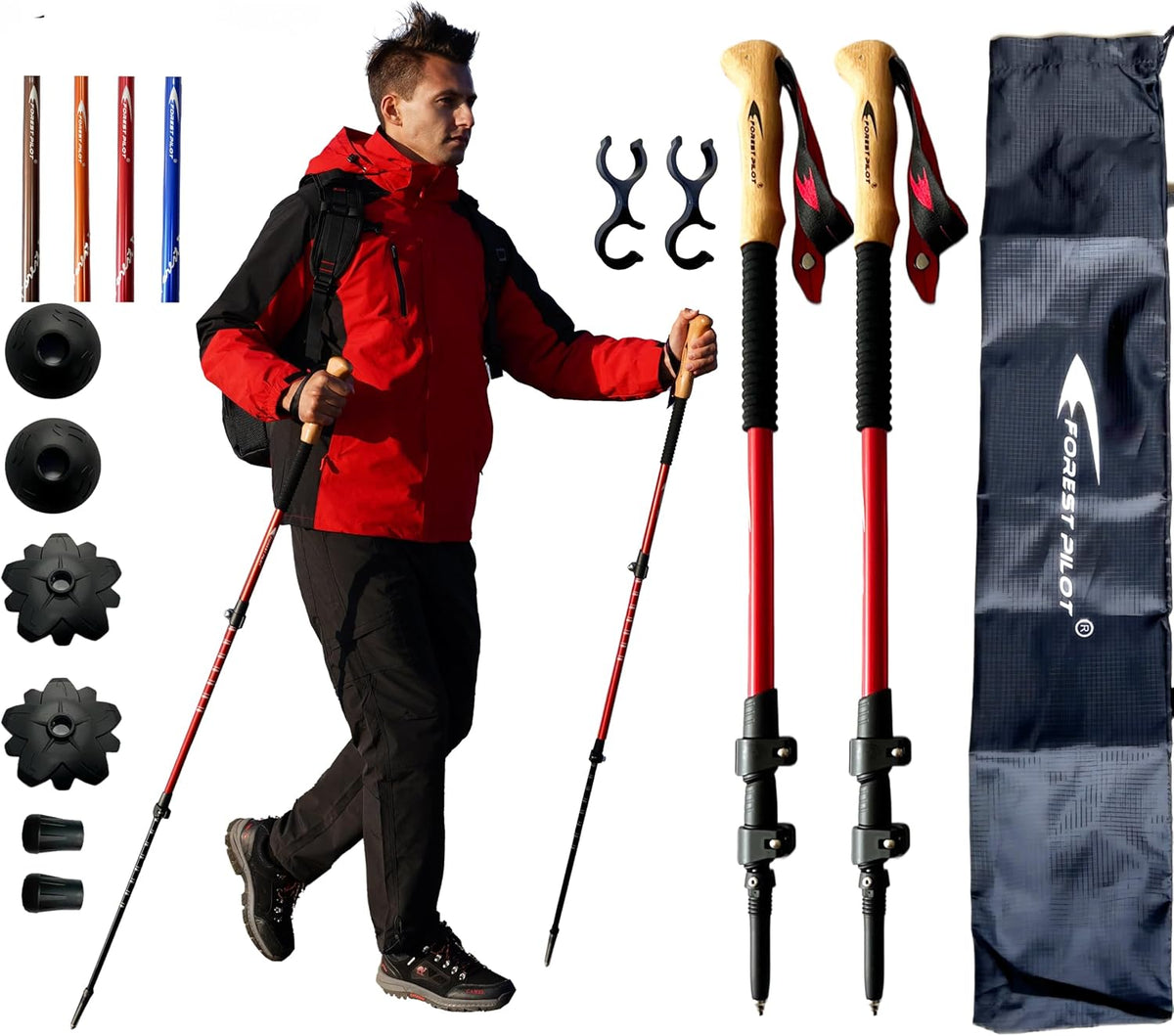 FOREST PILOT Trekking Poles - Lightweight 7075 Aluminum with Flip Lock & All Terrain Accessories - Pair of 2 Walking Sticks for Hiking with EVA or Beech Wood Grip