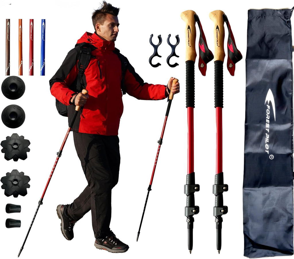 FOREST PILOT Trekking Poles - Lightweight 7075 Aluminum with Flip Lock & All Terrain Accessories - Pair of 2 Walking Sticks for Hiking with EVA or Beech Wood Grip