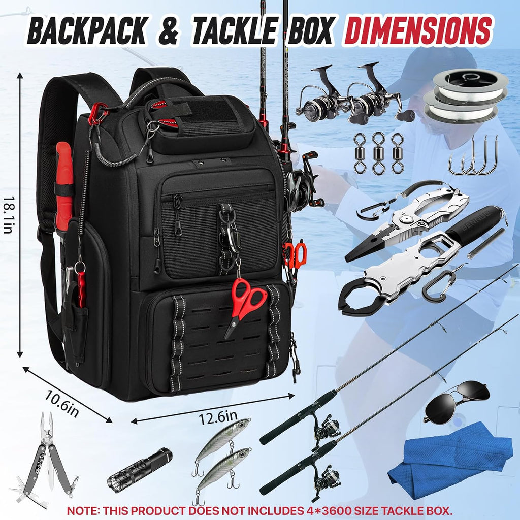 Fishing Tackle Backpack,40L Tackle Bag with 2 Rod Holders,Water-Resistant Large Storage Fishing Gear and Equipment(Black)