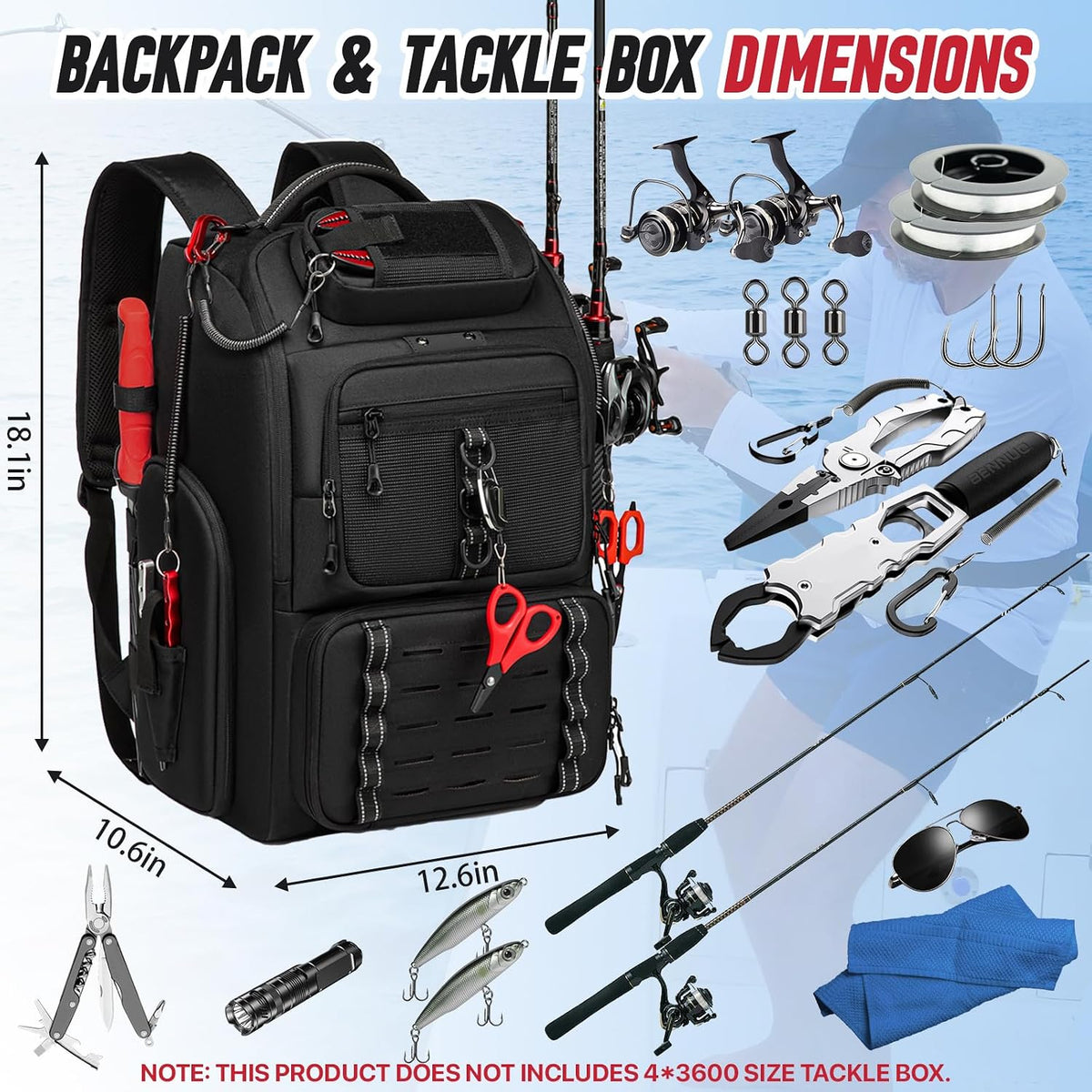Fishing Tackle Backpack,40L Tackle Bag with 2 Rod Holders,Water-Resistant Large Storage Fishing Gear and Equipment(Black)
