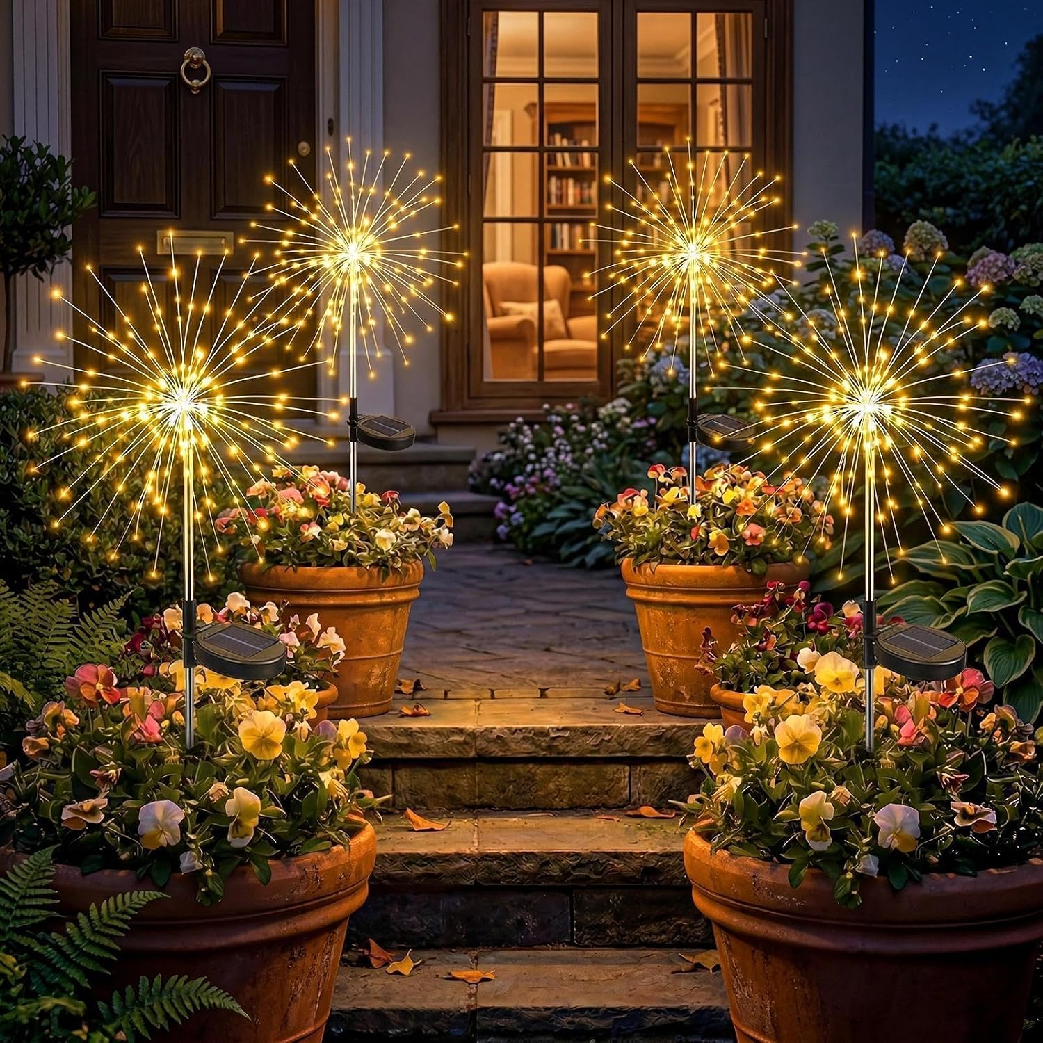 Solar Firework Lights Outdoor 4 Pack, 120LED Solar Starburst Twinkle Garden Lights with 8 Modes,Waterproof Decorative Fairy Light for Garden, Backyard, Halloween & Lawn Landscape Decor