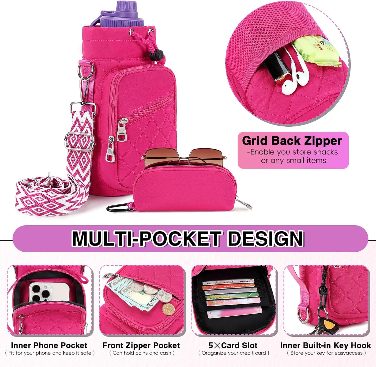 AGLOD Water Bottle Carrier Bag with Strap, Water Bottle Holder Crossbody Bags for Women Men for Walking, Hiking,Cycling
