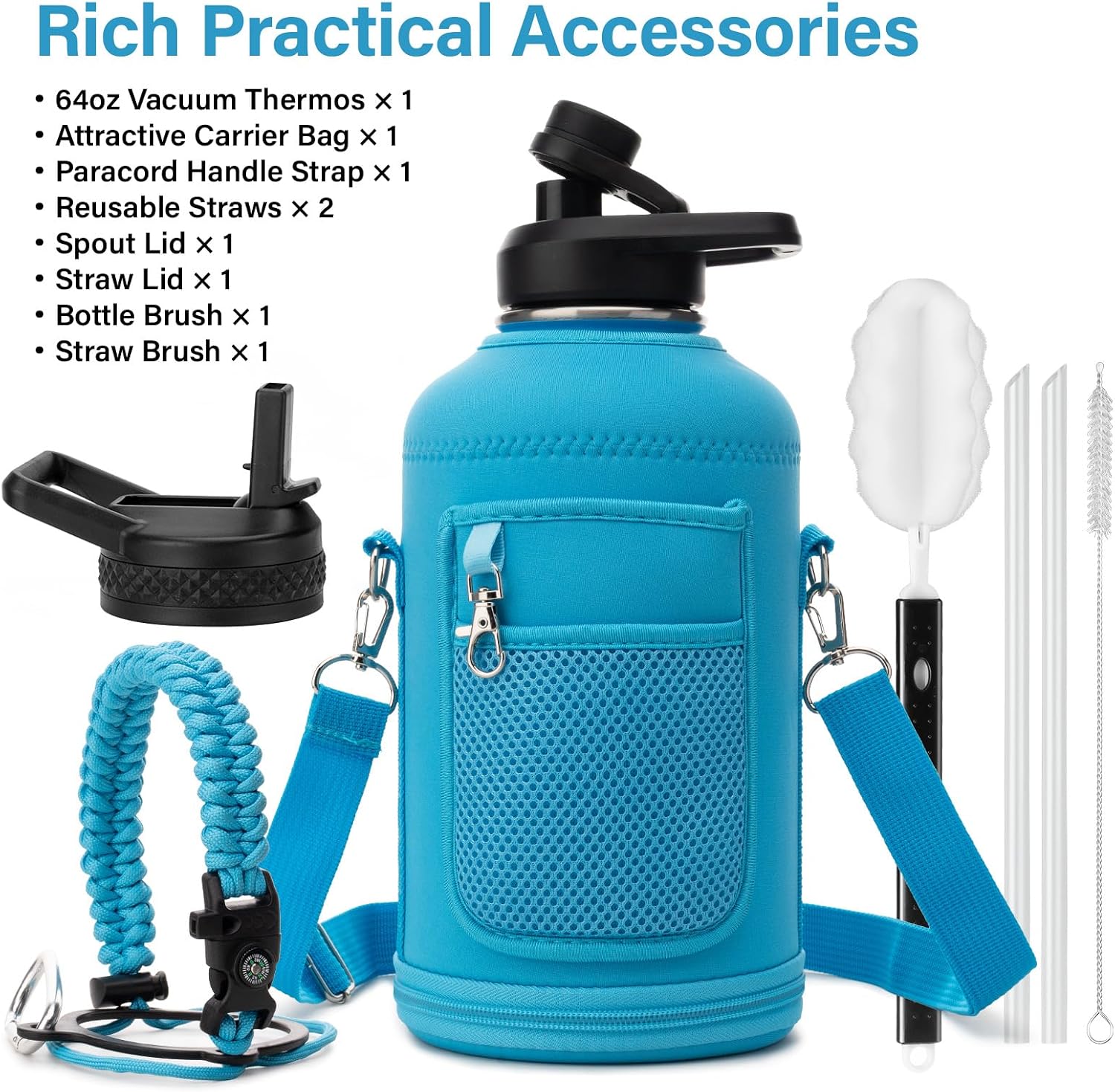 DYSANKY Insulated Water Bottle w/Straw Lid & Portable Carrier Bag, 64oz