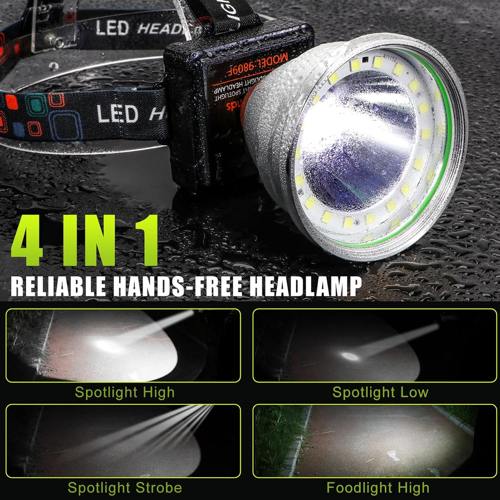 Rechargeable LED Headlamp with Flood and Spot Beam, Power Display, 4 Lighting Modes, Yellow/Blue Filter Lens, High Lumen Outdoor Waterproof Head Torch for Fishing, Hunting, Hiking, Outdoor Activities