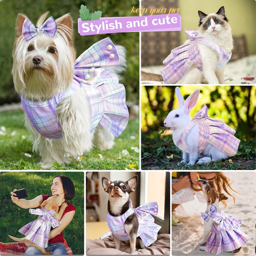 PETCARE Cute Dog Dress Clothes for Small Dogs Cats Girl Female Purple Plaid Bow Tie Dog Harness Dresses Leash Set with Pearls Bow Accessories Birthday Puppy Dress Shih Tzu Yorkies Chihuahua Outfits