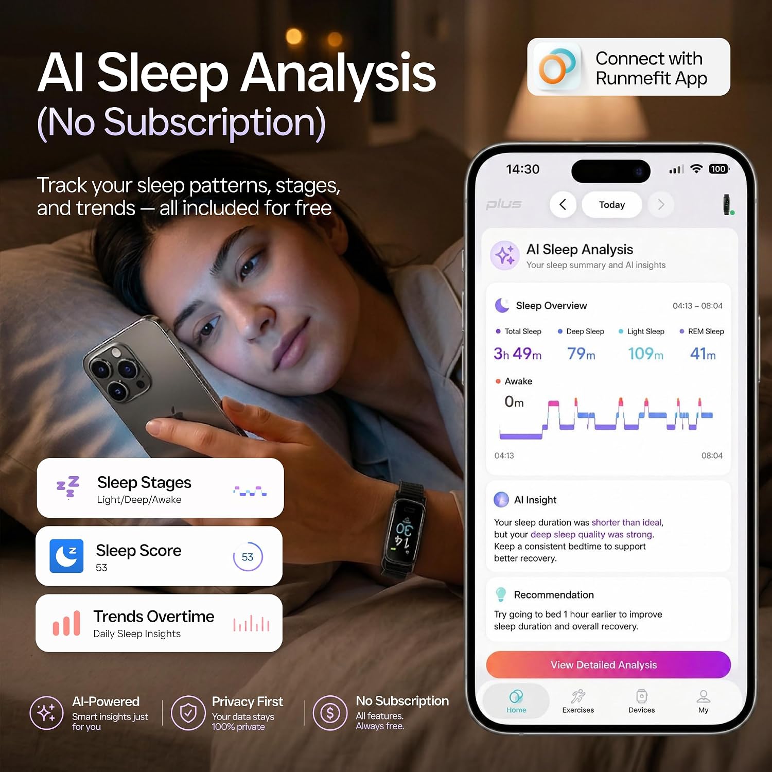 Lightweight Activity & Fitness Tracker with Subscription-Free App Control, AI Sleep Insights, 24/7 Heart Rate & Blood Oxygen Tracking, 16 Sport Modes, Waterproof Smart Watch for Men & Women