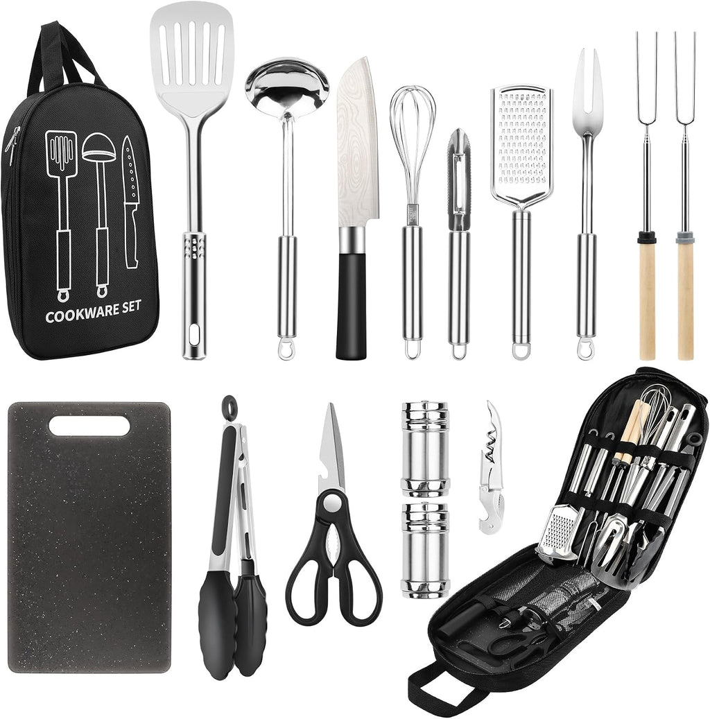 Camping Cooking Utensils Set, Stainless Steel Grill Tools, Camping BBQ Cookware Gear and Equipment for Travel Tenting RV Van Picnic Portable Kitchen Essentials Accessories