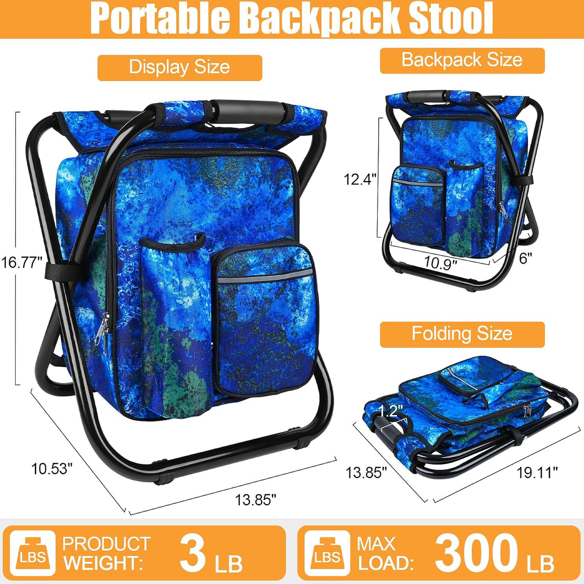 Kikerike Backpack Stool Cooler Chair Heavy Duty 300 LBS Max Load Portable Lightweight Stool Backpack Folding Fishing Cooler Seat for Camping Hunting Fishing - Ocean