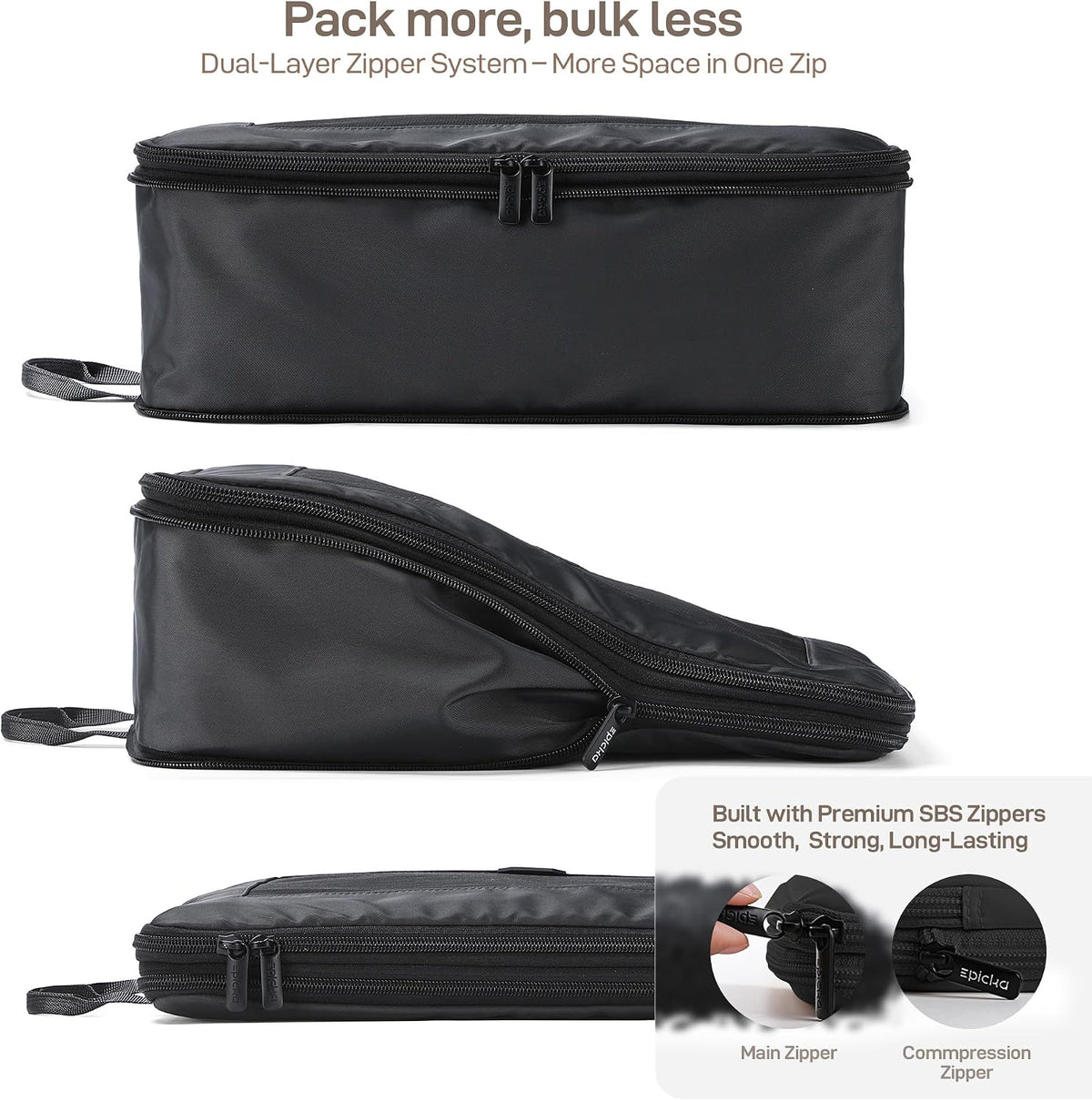 EPICKA TripCozy Compression Packing Cubes, 4 Set, Dark Grey