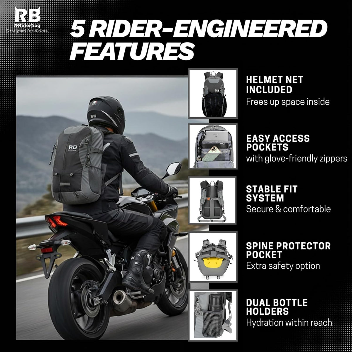 riderbag Reflective Motorcycle Backpack, Hi Viz Commuter Riding Bag