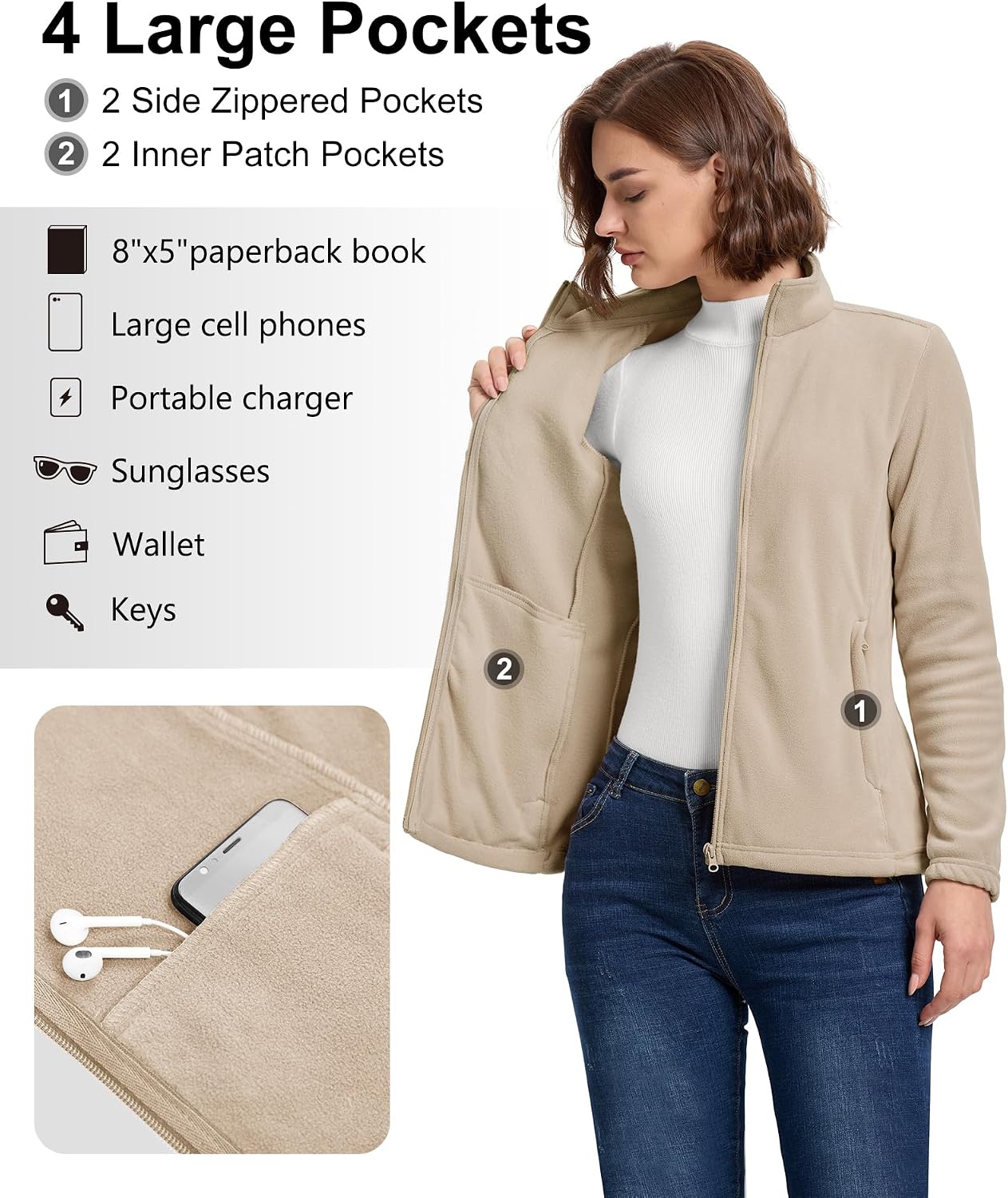 33,000ft Women's Polar Fleece Jacket Zip Up Lightweight Hiking Sweatshirt