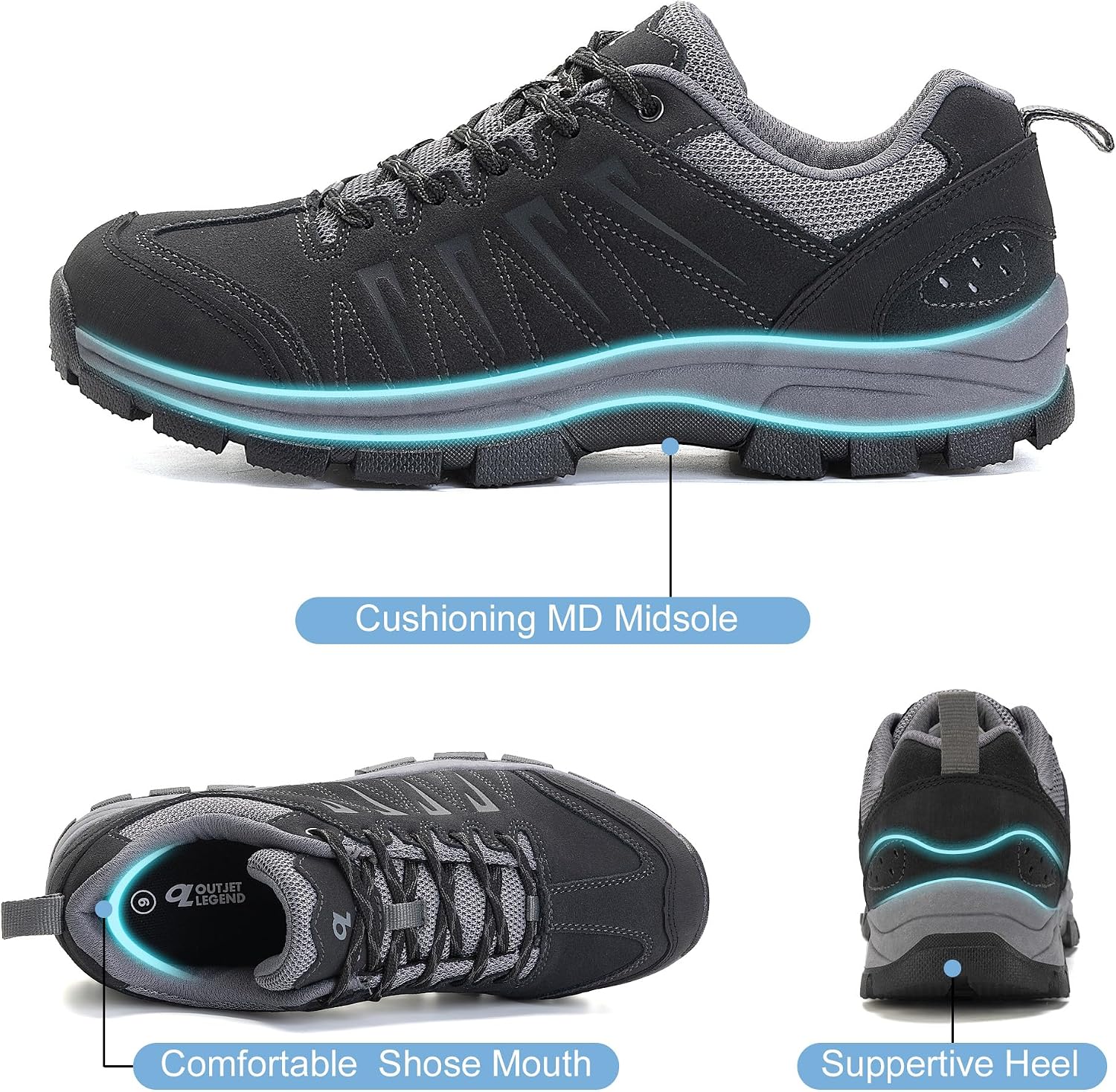 OL OUTJET LEGEND Men's Waterproof Hiking Shoes Leather Comfortable Lightweight Anti-Slip Outdoor Walking Work Sneakers