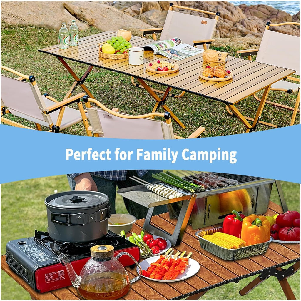 4Ft Aluminum Folding Camping Table, Portable Picnic Table, Outdoor Lightweight Collapsible Camp Table, Roll-up Camping Table for Beach,Party, Patio, BBQ, Travel, Backyard (Wood Upgraded Version)