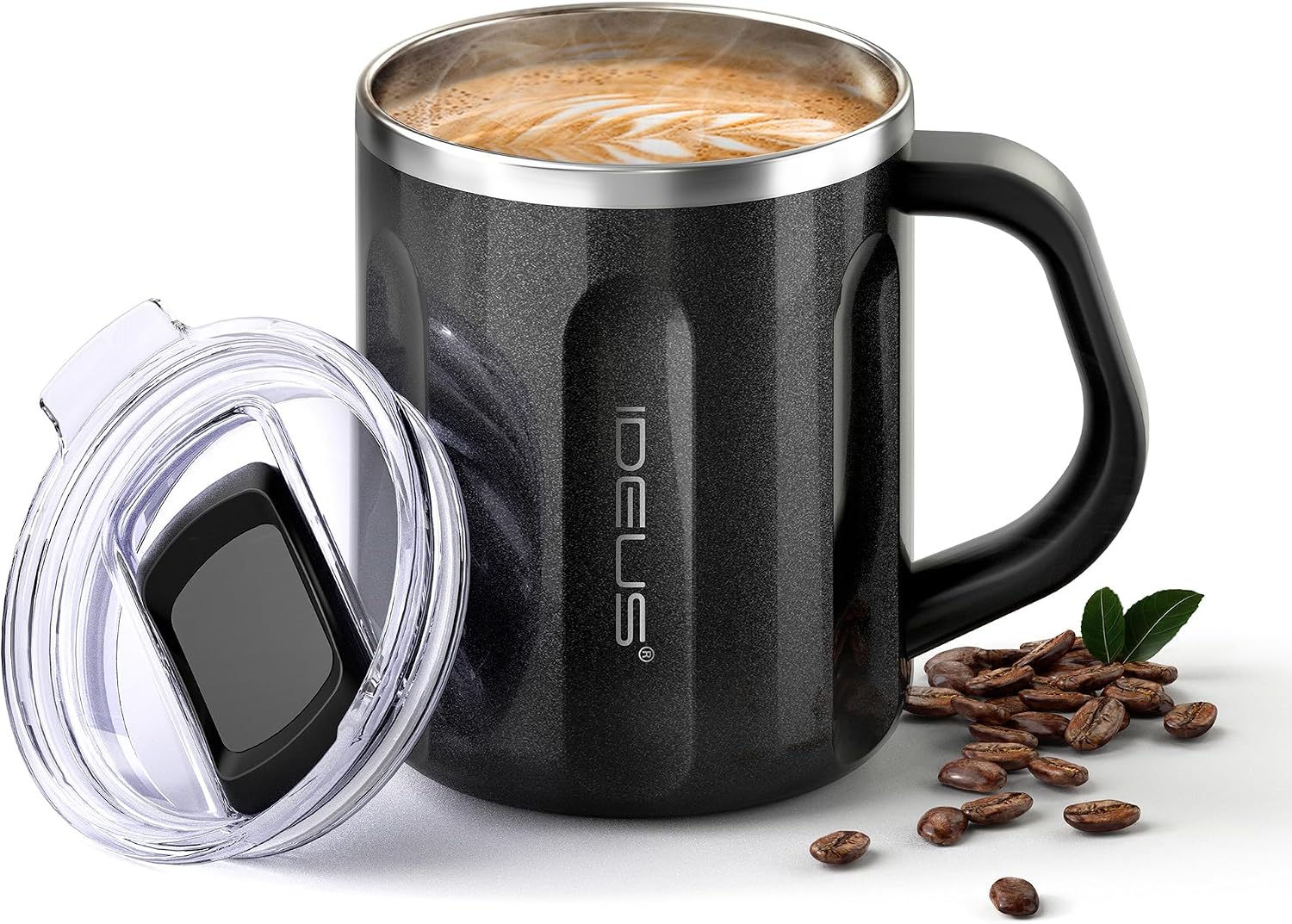 Ideus 16 oz Insulated Coffee Mug with Lid and Handle (Storm Black)