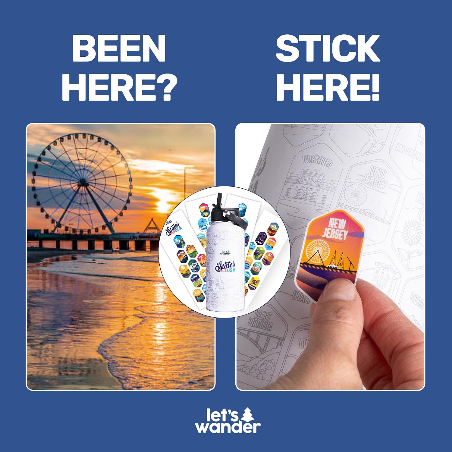 LET'S WANDER Lets Wander 50 States Water Bottle with Waterproof Stickers - 32oz Leakproof Insulated Stainless Steel with Straw - States of the USA Gift Bottle (White)