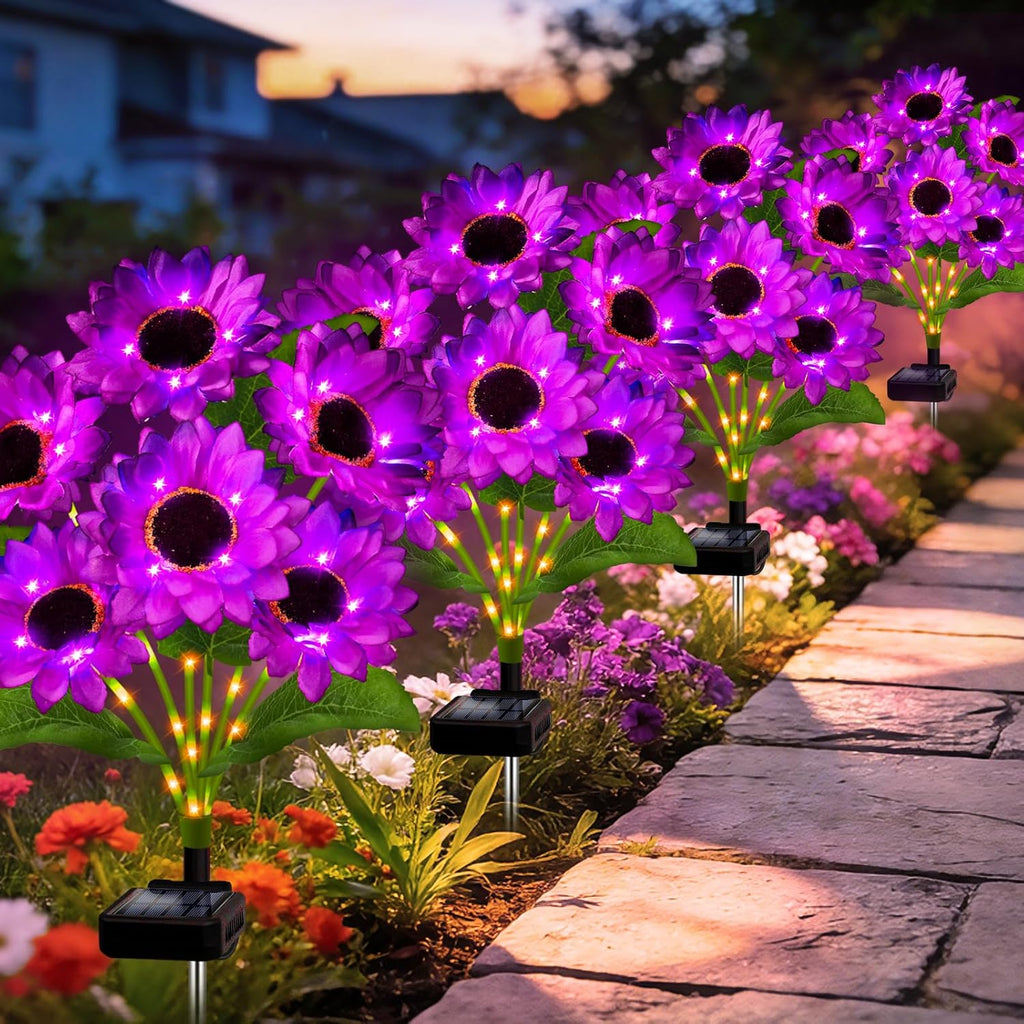 Solar Garden Lights Outdoor, 4 Pack Solar Purple Sunflower Lights with 18 Head 3.5 Inch Flowers, Waterproof Flowers Light Fall Decor Auto ON/Off for Garden Yard Patio Backyard, Gifts for Mom Women