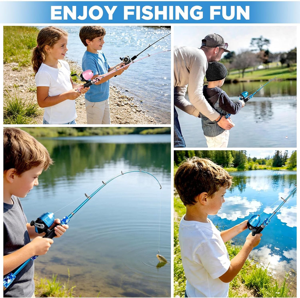 PLUSINNO Kids Fishing Pole with Spincast Reel Telescopic Fishing Rod Combo Full Kits for Boys, Girls, and Adults