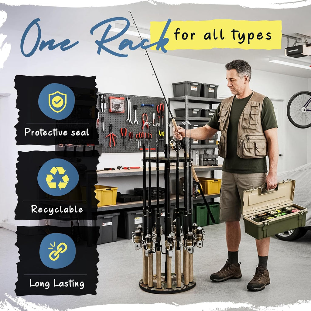 Rush Creek Creations 16-Rod Round Fishing Rod Holder for Garage, 360° Access Fishing Pole Holder for Fishing Rods, Reels, and Gear, Securely Holds 16 Rods, Camouflage