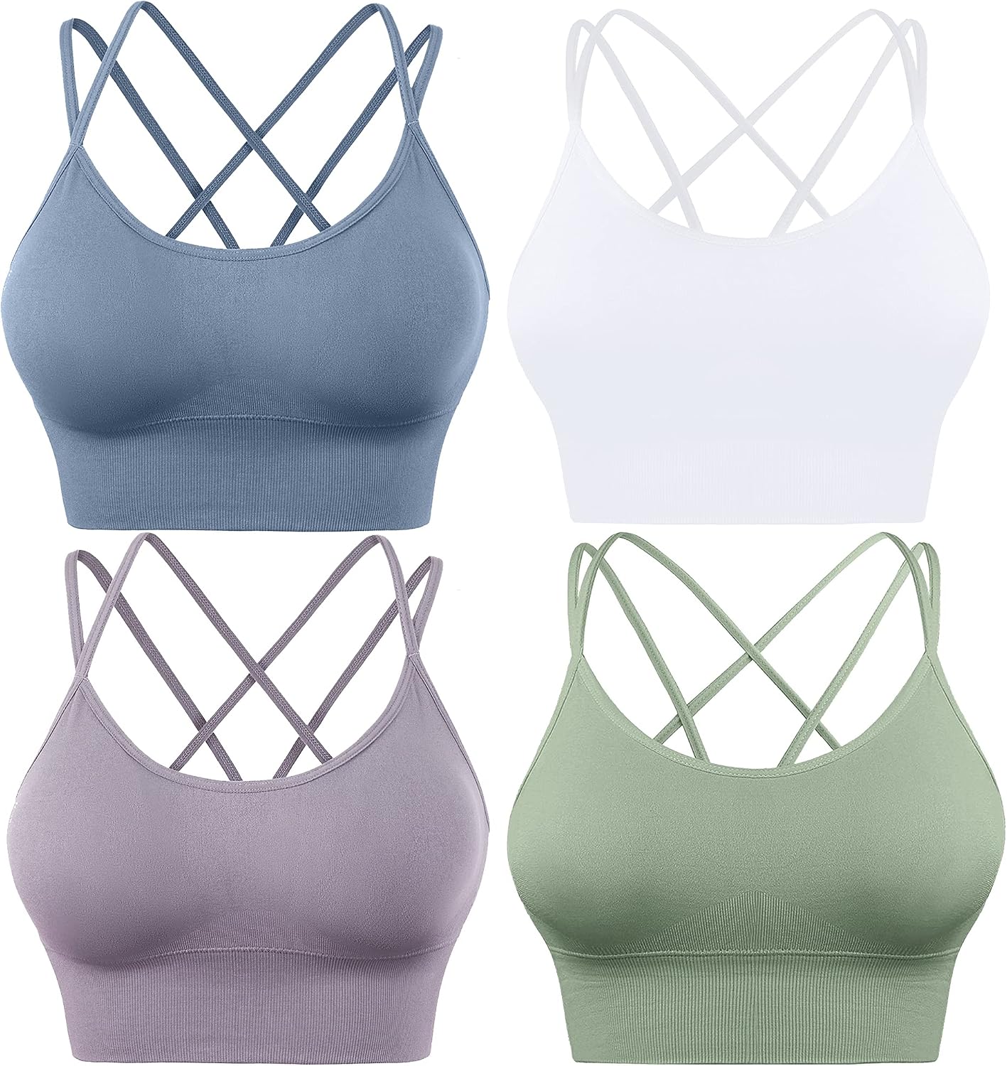 Women's Cross Back Sport Bras, Padded Strappy Seamless Low Impact 3-5 Pack