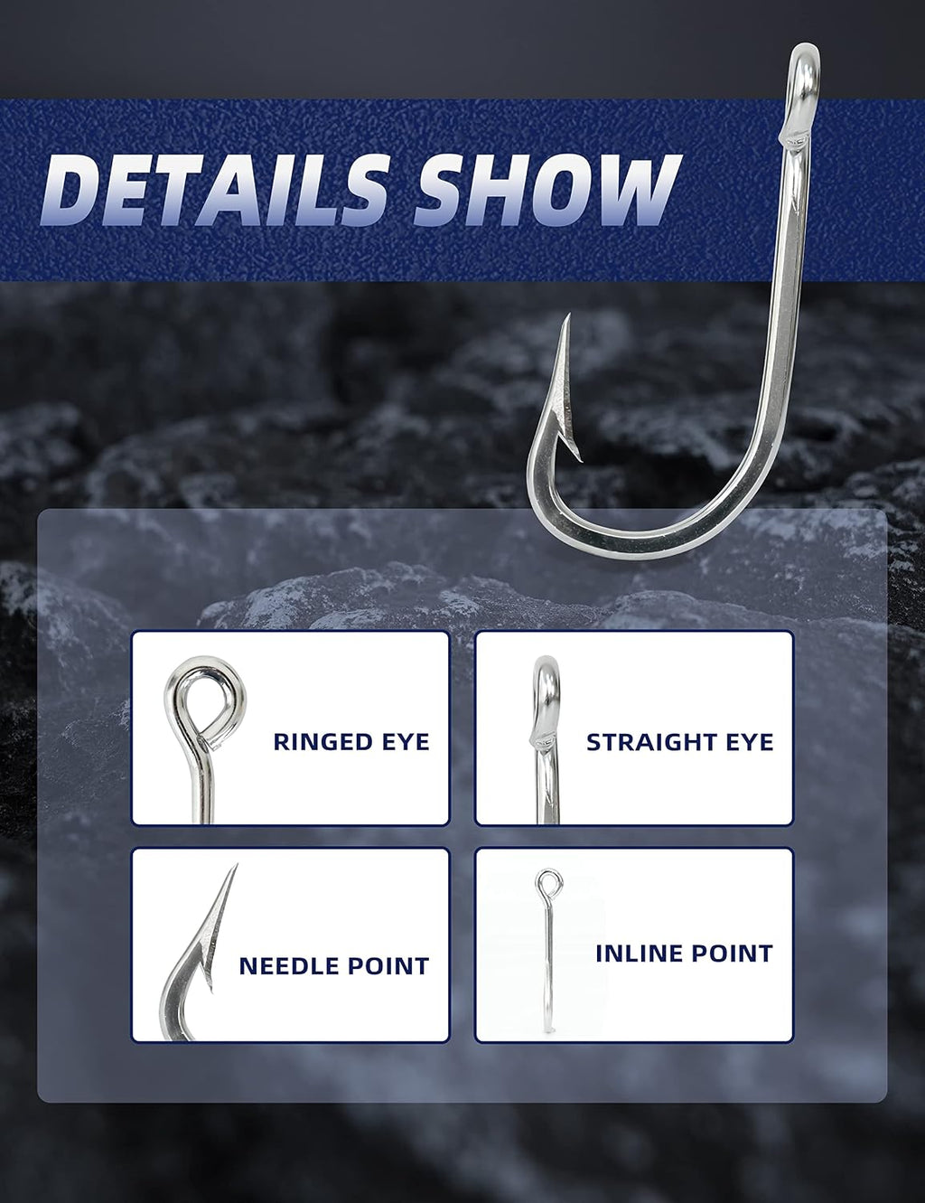 BLUEWING 5pcs/10pcs Stainless Steel Trolling Fishing Hooks Needle Point Extra Sharp Fish Hooks for Freshwater Saltwater Fishing
