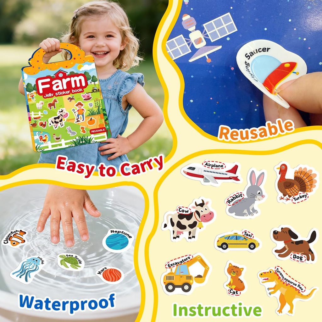 6 Sets Reusable Sticker Book for Toddlers 3-6, Jelly Stickers Book for Kids, Travel Sticker Activity Toys for Childs 3 4 5 6 Years Girls & Boys Best Gifts