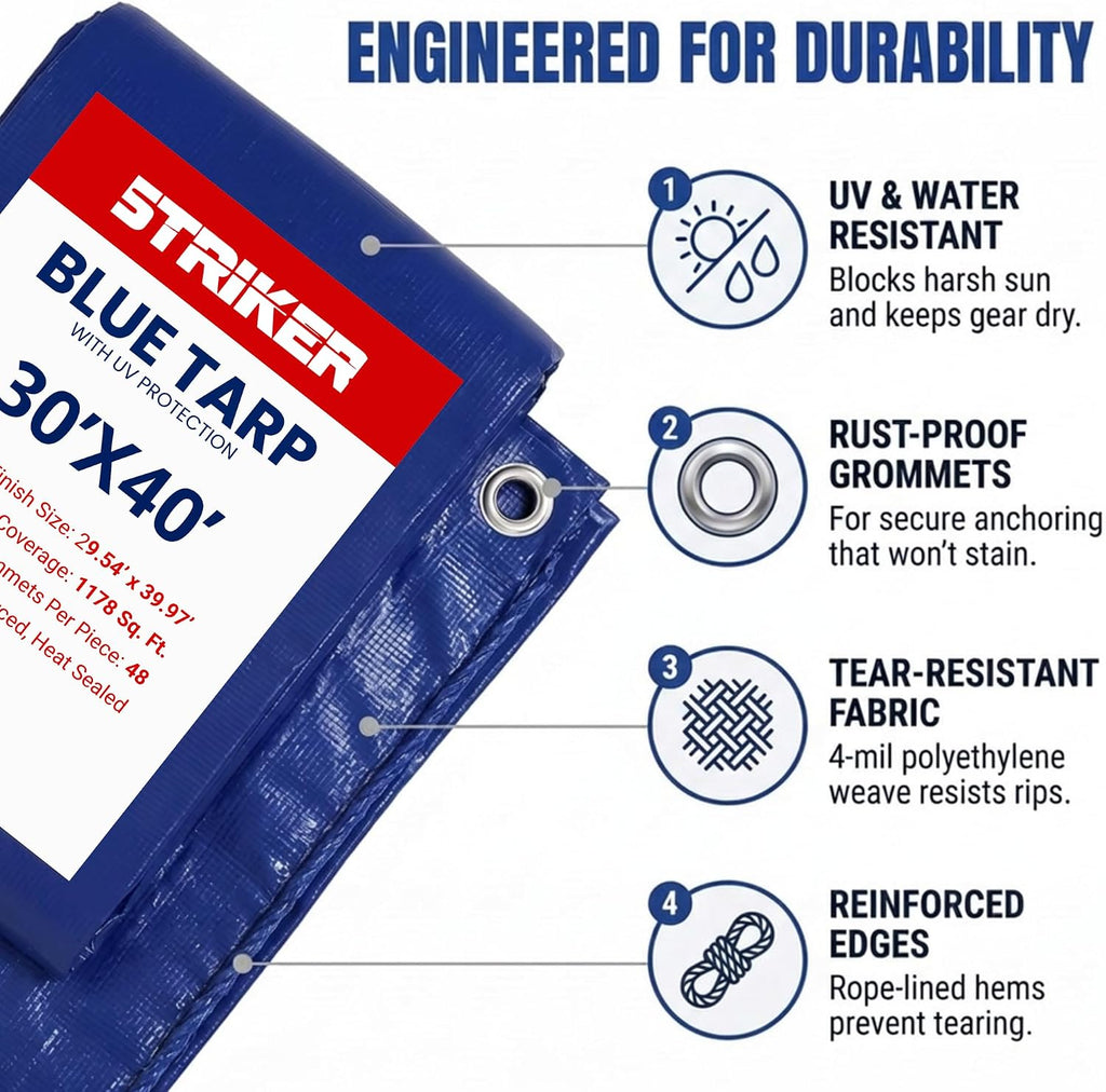 Striker Blue Tarp, Waterproof, UV Resistent, Covers 1178 Sq. Ft '30by40'