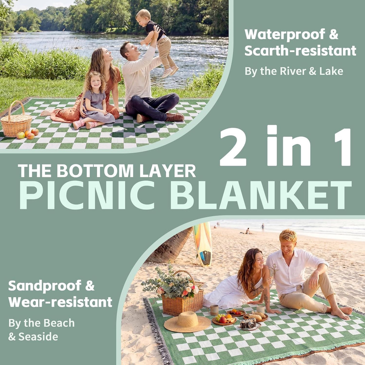 RYCHIC 2 in 1 Extra Large Outdoor Rug Picnic Mat Woven Summer Throw Blanket Boho Giant Beach Travel Essential Yoga Accessories Park Patio Lawn Garden Grass Ground Play Music Festival Concert Must Have