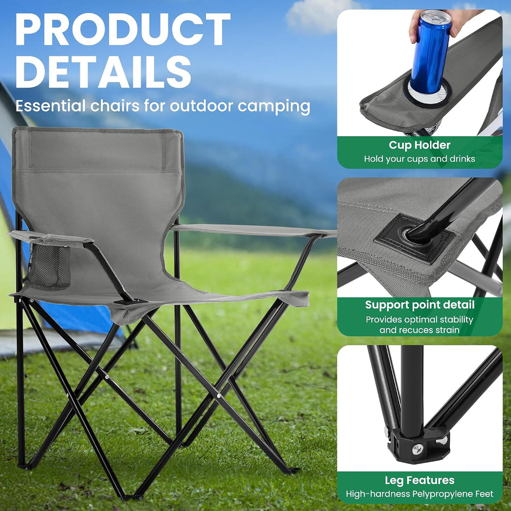 4 Pack Folding Camping Chairs for Outdoor, Foldable Portable Lawn Chairs with Carry Bag & Cup Holder, Compact Design for Camp, Beach, Picnics, and Fishing Supports 300LBS（Grey）