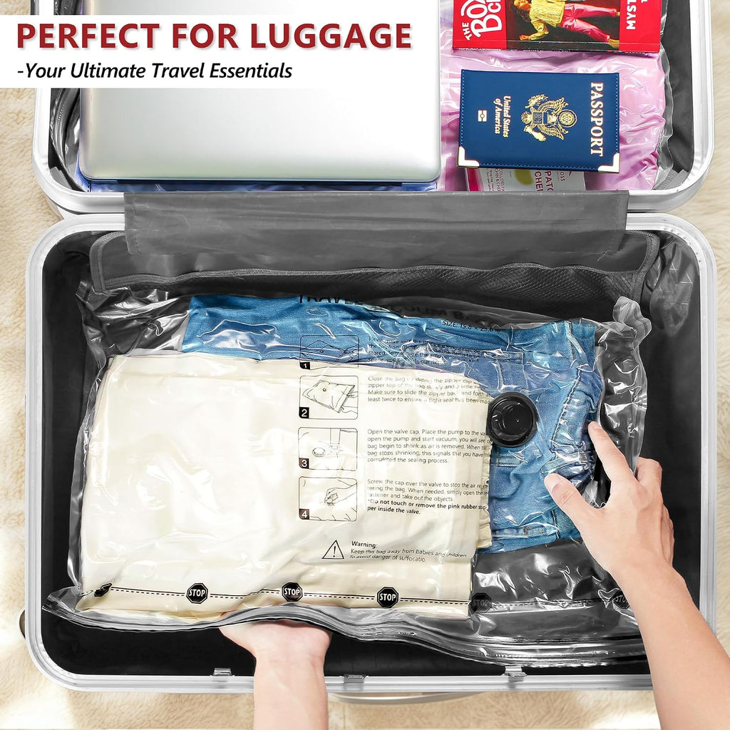 Travel Vacuum Bags for Clothing with Cordless Pump 12 Combo, Clear