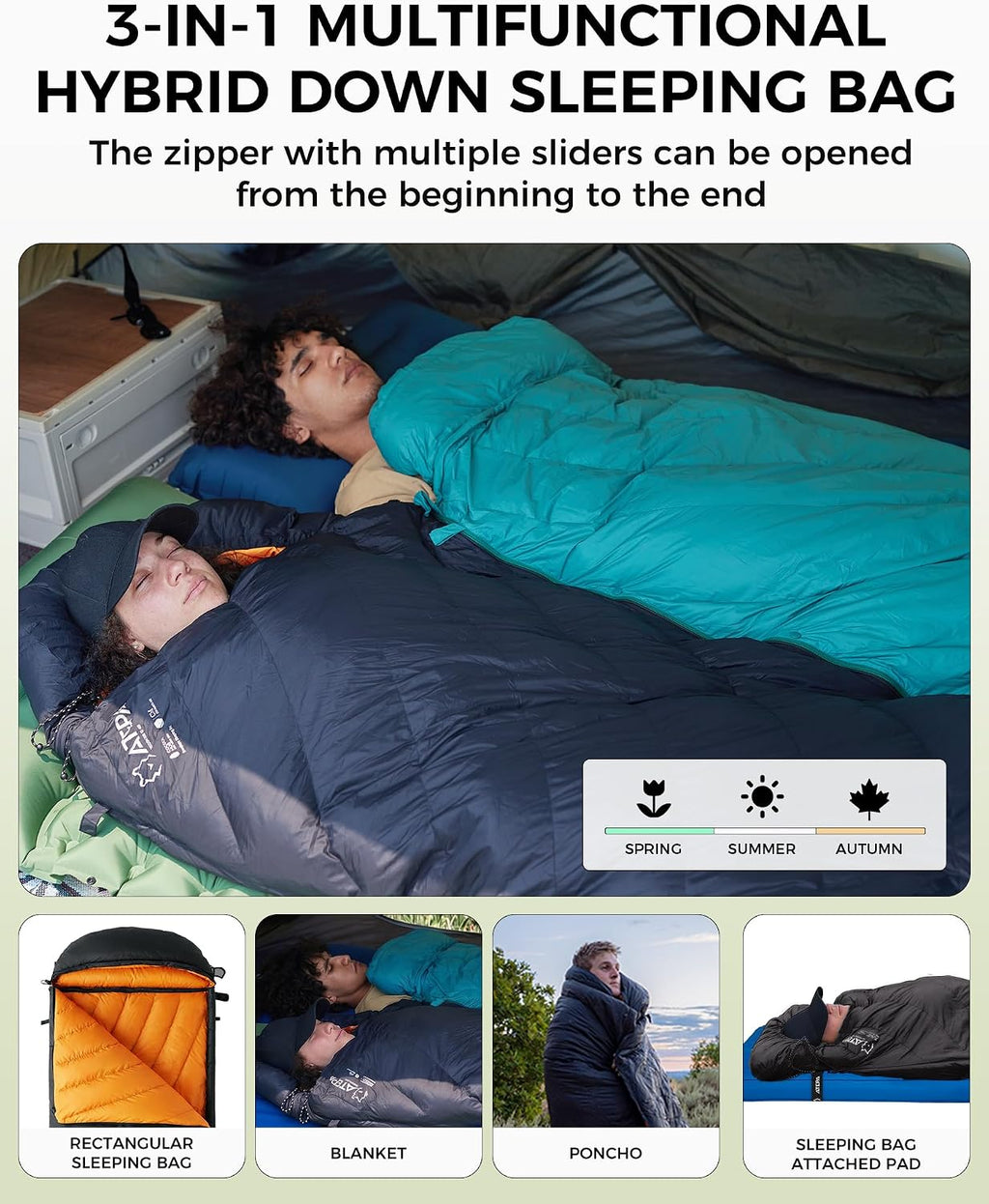 ATEPA 3-in-1 Hybrid Down Sleeping Bag, with Pad Attachment