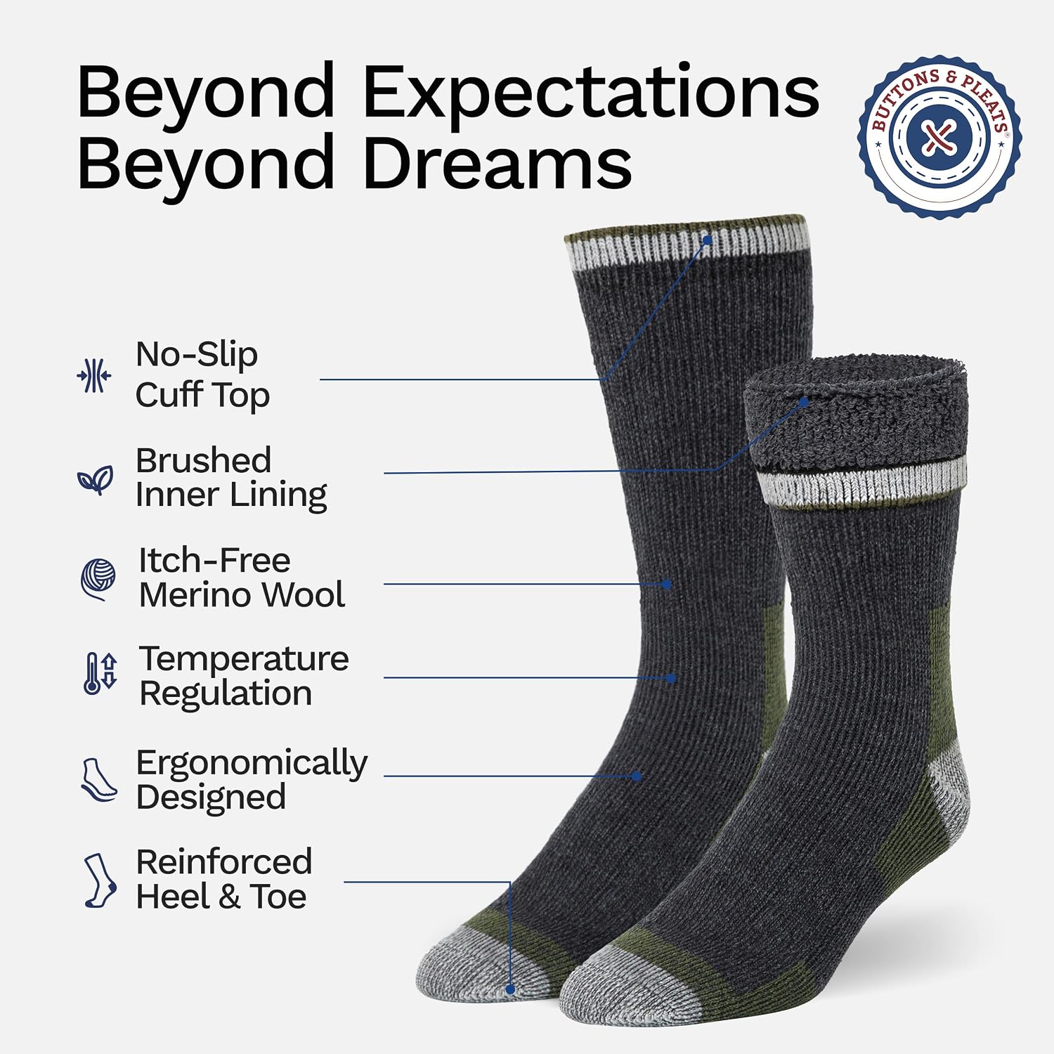 Buttons & Pleats Wool Socks for Men & Women Merino Thermal Warm Cozy Winter Boot Sock