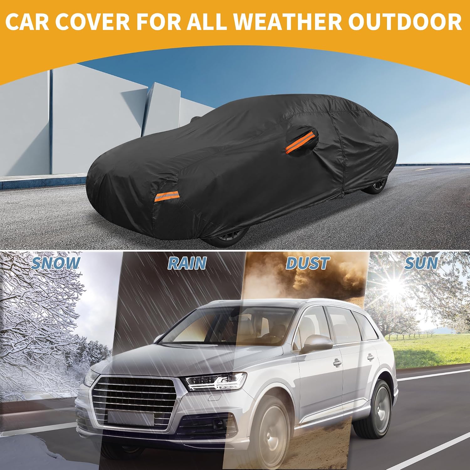 Universal Car Cover Waterproof All Weather 210D-PU, UV Sun Rain Protection, Fits for Sedan Length 187"-198", with Left Side Zipper, Black