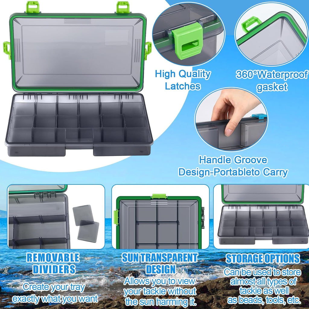 Wonderjune 6 Pack Fishing Tackle Box Waterproof 3700 Tackle Tray, Green