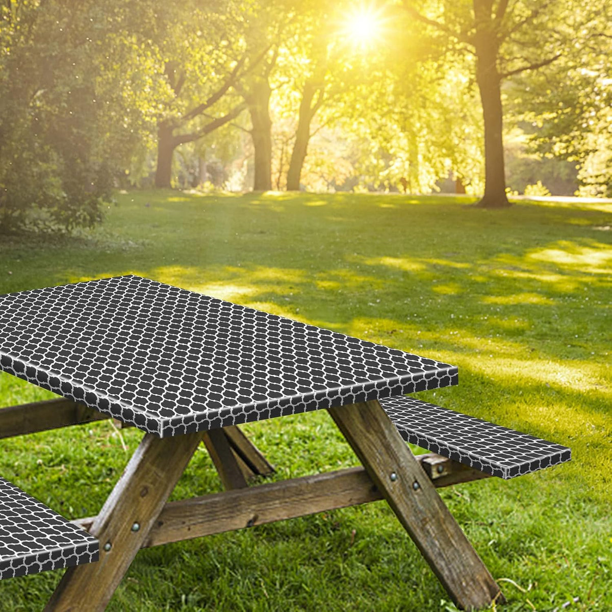 6ft 72in Picnic Table and Bench Cover, 3 Pack, Black-White Moroccan